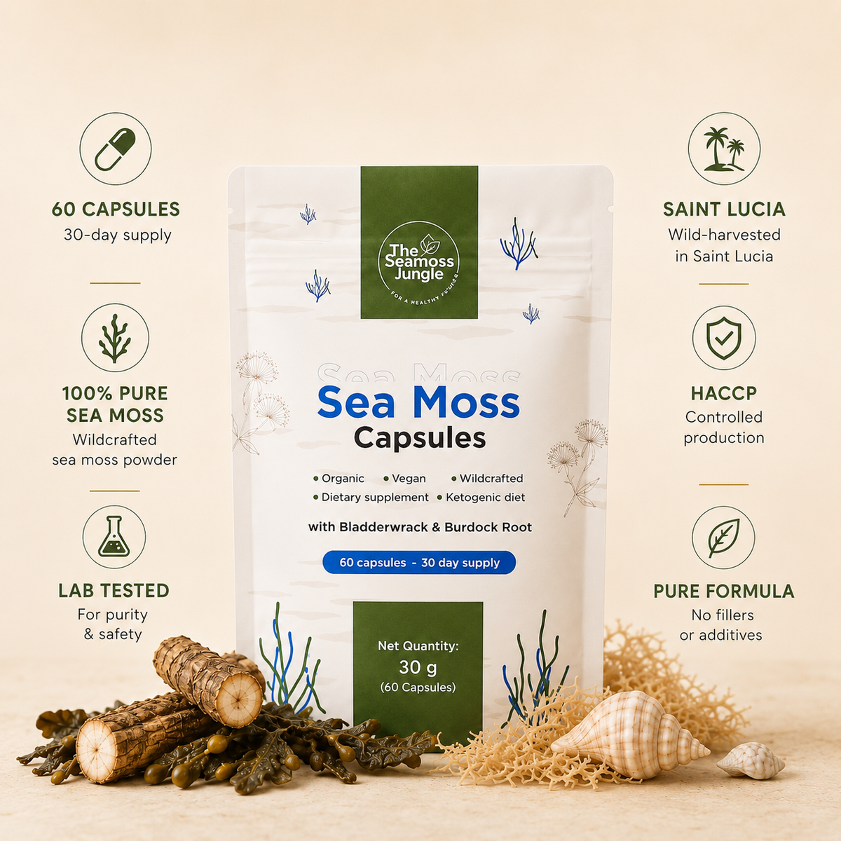 Sea Moss Capsules with Bladderwrack & Burdock Root