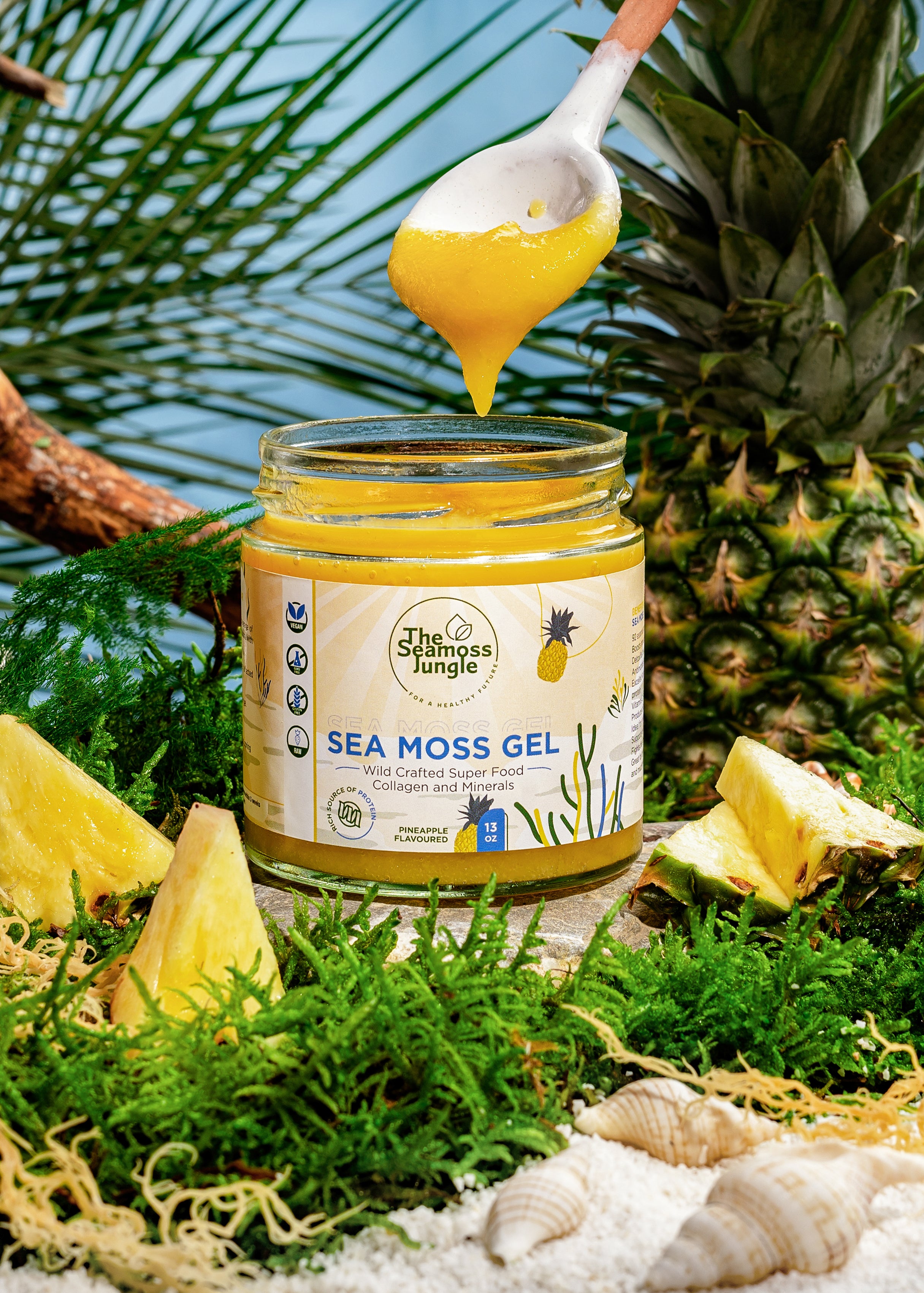 Geopende pot Sea Moss Gel met ananas smaak..